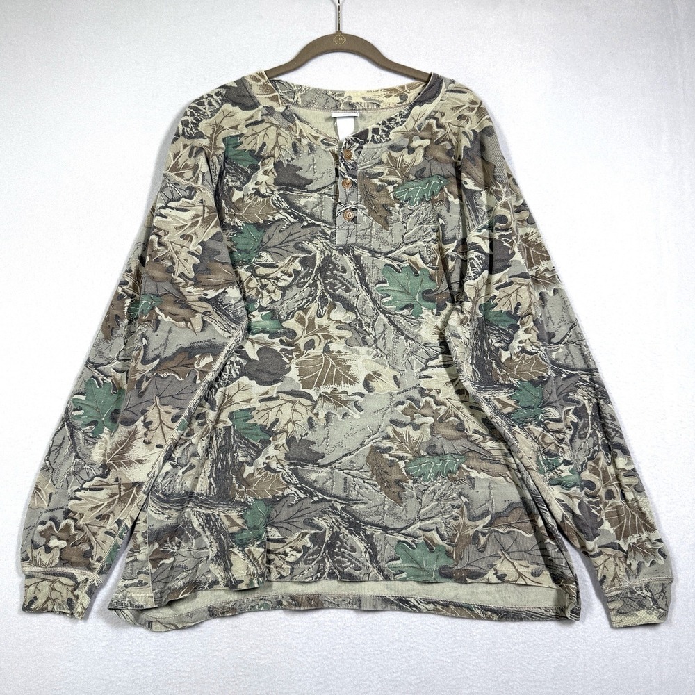 Vintage Duofold Shirt Mens 2XL Long Sleeve Thermal Advantage Camo Henley Hunting